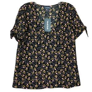 NWT MODCLOTH Top Blouse L Floral Black Pink Yellow Bow Cut-Out Short-Slv V-Neck